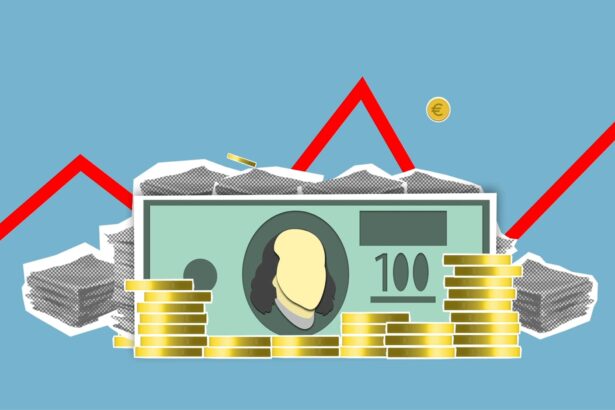 Cutout paper composition of dollar bills between pile of coins and financial stocks with curved diagram